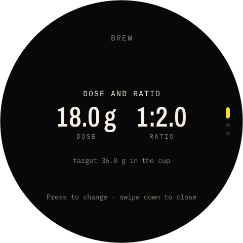 Brew settings: dose 18.0 grams, ratio 1:2.0, target 36.0 grams in the cup
