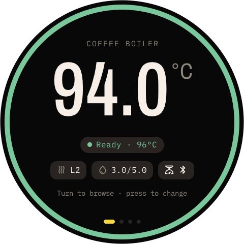 The coffee boiler screen: 94.0 °C, Ready at 96 °C, steam level 2, pre-brew 3.0/5.0, and the scale badge
