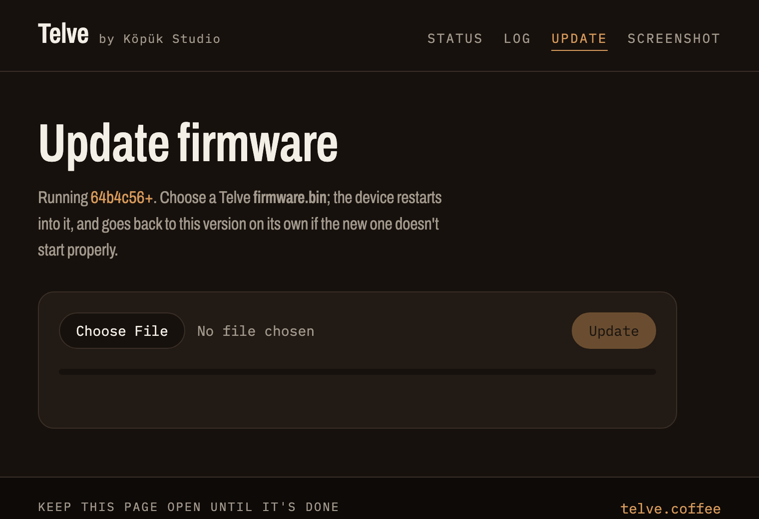 Telve's firmware update page in a browser